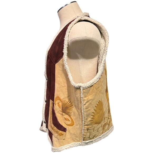 Vintage Pyrographed leather Suede Rooster Western Sherpa lined Vest size XL - Picture 11 of 16